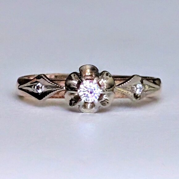 Vintage Russian USSR Solid 14K 585 Rose Pink White Gold Diamond Buttercup Ring - Picture 1 of 16